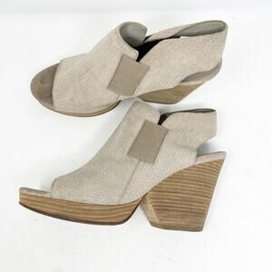 Eileen Fisher‎ Booties Size 10 Peep Toe Wood Stacked Cuban Heel Tan Leather